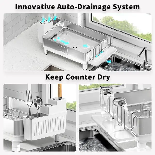 Alt view image 5 of 7 - Ewaiira Dish Drying Rack, 304 Stainless Steel Dish Racks for Kitchen Counter, Dish Drainers with Automatic Drainage, Utensil Holder & Cups Holder, Space Saving Kitchen Organizer, White