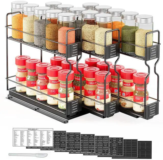 Main image of SpaceAid Pull Out Spice Rack Organizer for Cabinet, Heavy Duty Slide Out Seasoning Kitchen Organizer, Cabinet Organizer, with Labels, 7.7" W x10.75 D x10 H, 3 Drawers 2-Tier