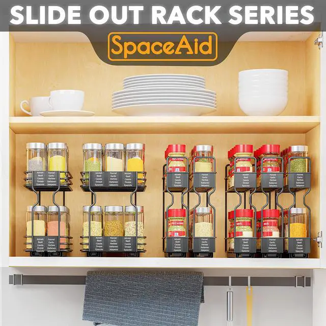 Alt view image 5 of 7 - SpaceAid Pull Out Spice Rack Organizer for Cabinet, Heavy Duty Slide Out Seasoning Kitchen Organizer, Cabinet Organizer, with Labels, 7.7" W x10.75 D x10 H, 3 Drawers 2-Tier