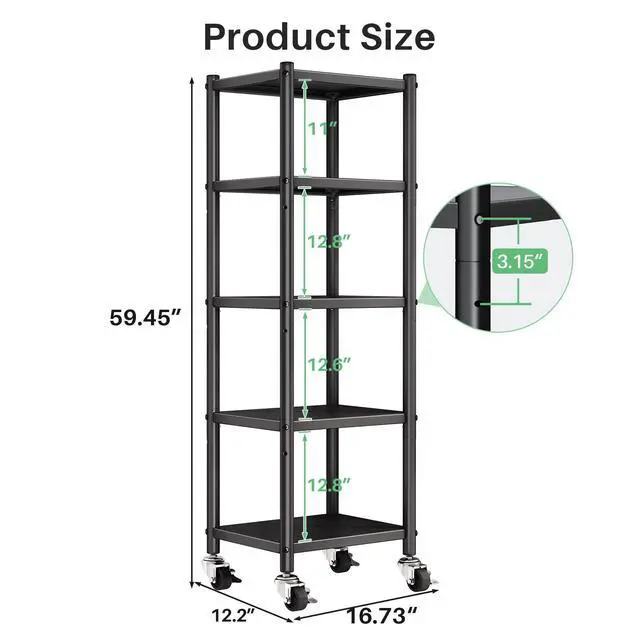 Alt view image 2 of 7 - PXRACK 5-Tier Kitchen Storage Shelves, Adjustable Metal Shelves for Storage Pantry Shelves with Rolling Wheels, Storage Rack Shelving Unit Organizer for Bedroom Laundry Closet