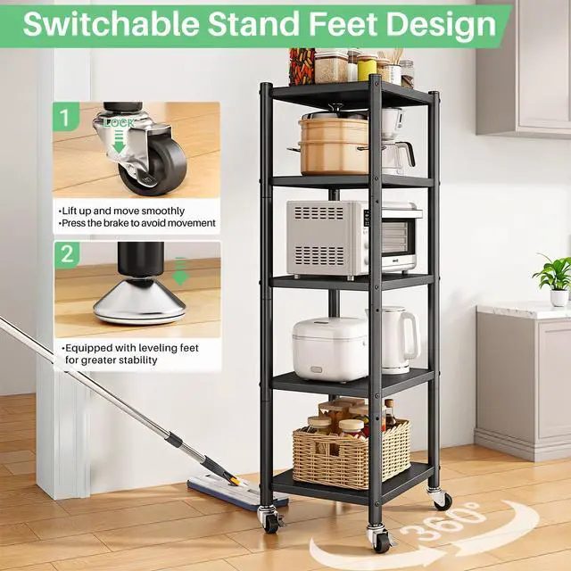 Alt view image 5 of 7 - PXRACK 5-Tier Kitchen Storage Shelves, Adjustable Metal Shelves for Storage Pantry Shelves with Rolling Wheels, Storage Rack Shelving Unit Organizer for Bedroom Laundry Closet
