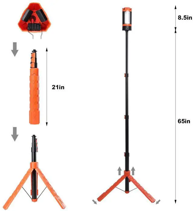 Alt view image 3 of 7 - Rechargeable Camping Light with Stand, Aluminum 73" Portable Rechargeable LED Wirk Lights with 5 Lighting Modes - Telescopic Light with Tripod Work Lighting for Emergency, Power Outages, Hiking