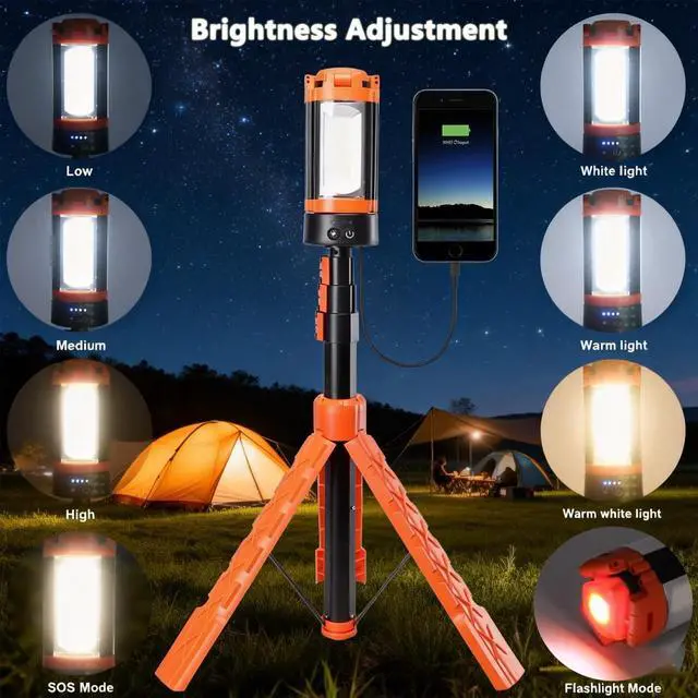 Alt view image 5 of 7 - Rechargeable Camping Light with Stand, Aluminum 73" Portable Rechargeable LED Wirk Lights with 5 Lighting Modes - Telescopic Light with Tripod Work Lighting for Emergency, Power Outages, Hiking