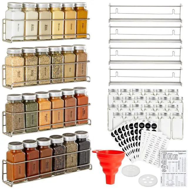 Main image of Talented Kitchen Spice Rack Organizer - 4 Stainless Steel Wall-Mounted Racks - 24 4 oz Glass Jars & 269 Preprinted Labels, Chrome - Kitchen & Cabinet Seasoning Organizer for Space Saving Spice Storage
