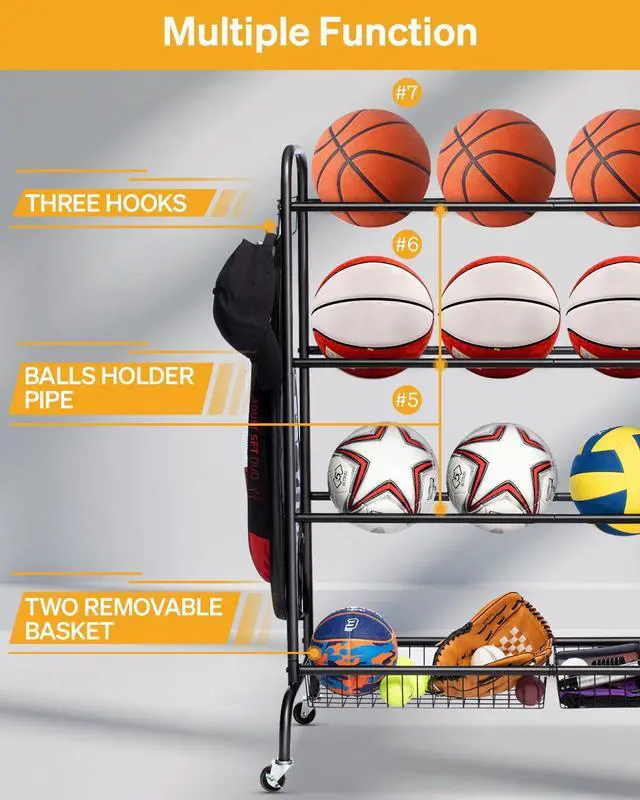 Alt view image 2 of 7 - EXTCCT Basketball Rack, Outdoor Rolling Basketball Shooting Training Stand,Sports Equipment Storage with Wheels, Garage Four-layer ball Holder With Two Basket For Basketballs Footballs Volleyball