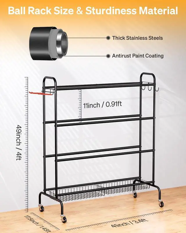 Alt view image 4 of 7 - EXTCCT Basketball Rack, Outdoor Rolling Basketball Shooting Training Stand,Sports Equipment Storage with Wheels, Garage Four-layer ball Holder With Two Basket For Basketballs Footballs Volleyball