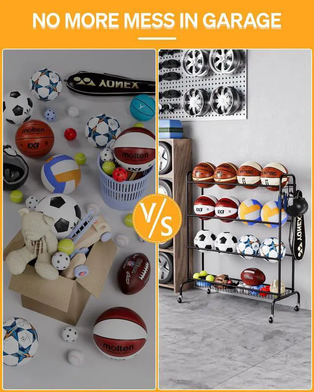 Alt view image 5 of 7 - EXTCCT Basketball Rack, Outdoor Rolling Basketball Shooting Training Stand,Sports Equipment Storage with Wheels, Garage Four-layer ball Holder With Two Basket For Basketballs Footballs Volleyball
