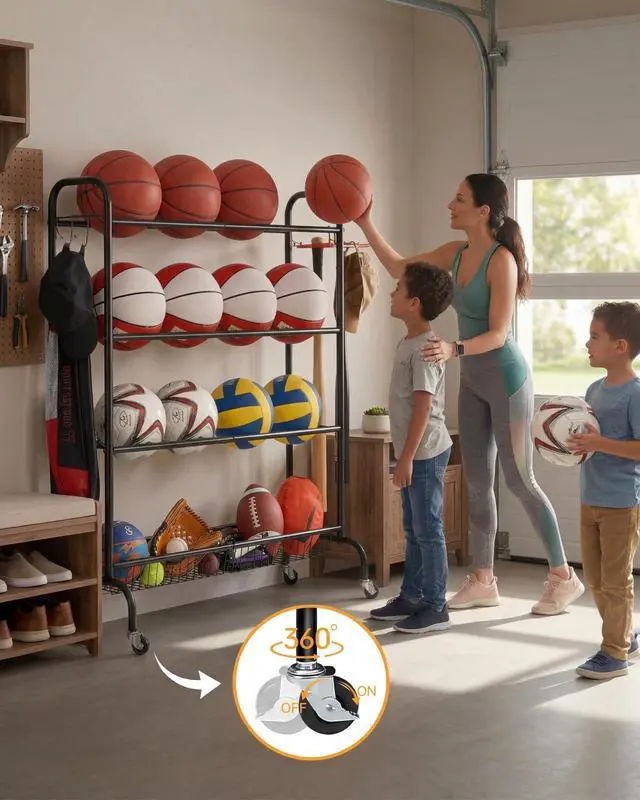 Alt view image 6 of 7 - EXTCCT Basketball Rack, Outdoor Rolling Basketball Shooting Training Stand,Sports Equipment Storage with Wheels, Garage Four-layer ball Holder With Two Basket For Basketballs Footballs Volleyball