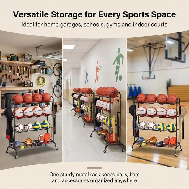 Alt view image 7 of 7 - EXTCCT Basketball Rack, Outdoor Rolling Basketball Shooting Training Stand,Sports Equipment Storage with Wheels, Garage Four-layer ball Holder With Two Basket For Basketballs Footballs Volleyball