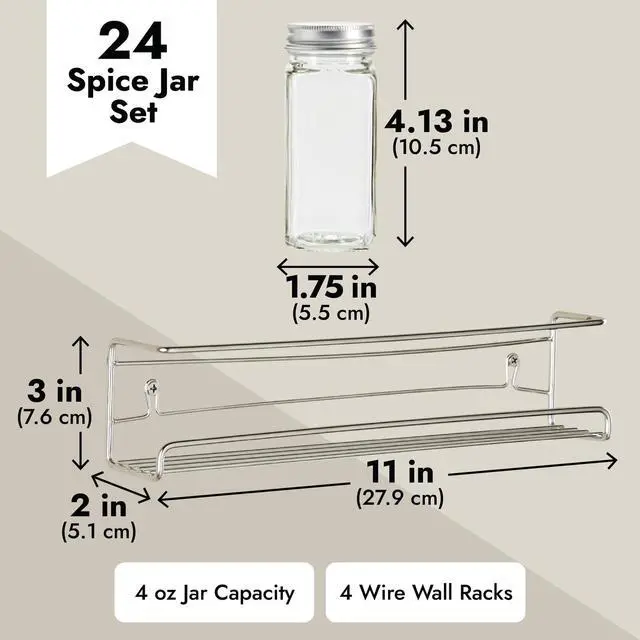 Alt view image 4 of 7 - Talented Kitchen Spice Rack Organizer - 4 Stainless Steel Wall-Mounted Racks - 24 4 oz Glass Jars & 269 Preprinted Labels, Chrome - Kitchen & Cabinet Seasoning Organizer for Space Saving Spice Storage