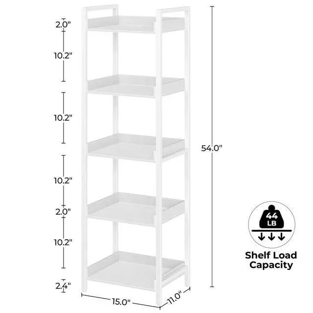 Alt view image 2 of 7 - Rolanstar Bookshelf, 5-Tier Storage Rack, Narrow Corner Bookshelf, Display Wooden Shelves for Living Room, Bathroom, Balcony, Kitchen,White