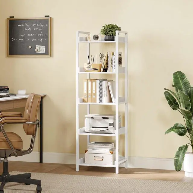 Alt view image 5 of 7 - Rolanstar Bookshelf, 5-Tier Storage Rack, Narrow Corner Bookshelf, Display Wooden Shelves for Living Room, Bathroom, Balcony, Kitchen,White