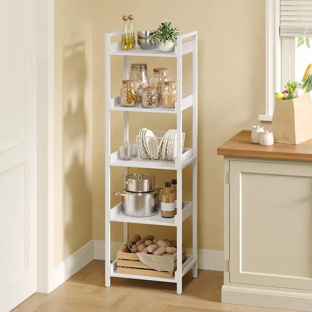 Alt view image 7 of 7 - Rolanstar Bookshelf, 5-Tier Storage Rack, Narrow Corner Bookshelf, Display Wooden Shelves for Living Room, Bathroom, Balcony, Kitchen,White