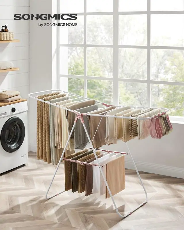 Alt view image 2 of 7 - SONGMICS Clothes Drying Rack, with Sock Clips, Metal Laundry Rack, Foldable, Space-Saving, Free-Standing Airer, with 2 Height-Adjustable Gullwings, Indoor Outdoor Use, White and Pink ULLR052P01