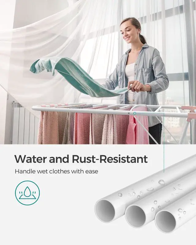 Alt view image 7 of 7 - SONGMICS Clothes Drying Rack, with Sock Clips, Metal Laundry Rack, Foldable, Space-Saving, Free-Standing Airer, with 2 Height-Adjustable Gullwings, Indoor Outdoor Use, White and Pink ULLR052P01