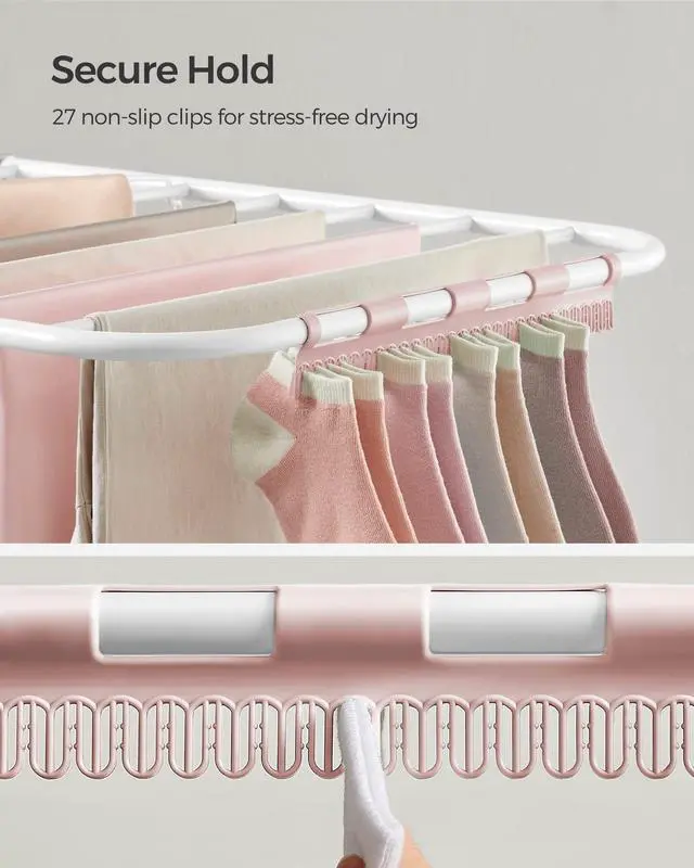 Alt view image 5 of 7 - SONGMICS Clothes Drying Rack, with Sock Clips, Metal Laundry Rack, Foldable, Space-Saving, Free-Standing Airer, with 2 Height-Adjustable Gullwings, Indoor Outdoor Use, White and Pink ULLR052P01