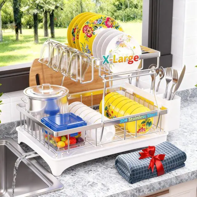 Main image of Godboat Dish Drying Rack, 2-Tier Dish Rack with Auto-Drain & Mat, 304 Stainless Steel Dish Racks for Kitchen Counter, Dish Drainer with Knife, Fork & Cup Rack, Gifts for Women, Mothers Day, Silver