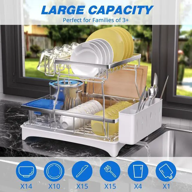 Alt view image 3 of 7 - Godboat Dish Drying Rack, 2-Tier Dish Rack with Auto-Drain & Mat, 304 Stainless Steel Dish Racks for Kitchen Counter, Dish Drainer with Knife, Fork & Cup Rack, Gifts for Women, Mothers Day, Silver