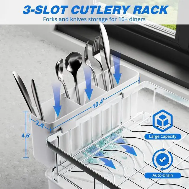 Alt view image 5 of 7 - Godboat Dish Drying Rack, 2-Tier Dish Rack with Auto-Drain & Mat, 304 Stainless Steel Dish Racks for Kitchen Counter, Dish Drainer with Knife, Fork & Cup Rack, Gifts for Women, Mothers Day, Silver