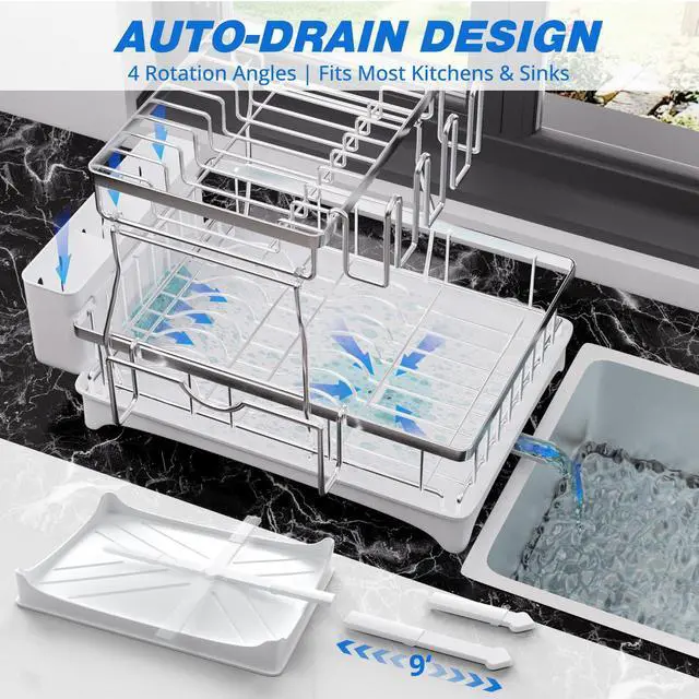 Alt view image 4 of 7 - Godboat Dish Drying Rack, 2-Tier Dish Rack with Auto-Drain & Mat, 304 Stainless Steel Dish Racks for Kitchen Counter, Dish Drainer with Knife, Fork & Cup Rack, Gifts for Women, Mothers Day, Silver