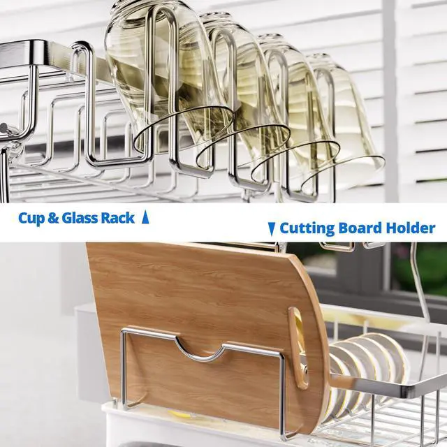 Alt view image 6 of 7 - Godboat Dish Drying Rack, 2-Tier Dish Rack with Auto-Drain & Mat, 304 Stainless Steel Dish Racks for Kitchen Counter, Dish Drainer with Knife, Fork & Cup Rack, Gifts for Women, Mothers Day, Silver