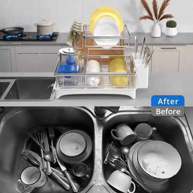 Alt view image 7 of 7 - Godboat Dish Drying Rack, 2-Tier Dish Rack with Auto-Drain & Mat, 304 Stainless Steel Dish Racks for Kitchen Counter, Dish Drainer with Knife, Fork & Cup Rack, Gifts for Women, Mothers Day, Silver
