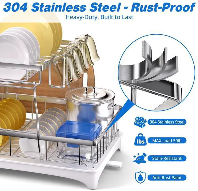 Alt view image 2 of 7 - Godboat Dish Drying Rack, 2-Tier Dish Rack with Auto-Drain & Mat, 304 Stainless Steel Dish Racks for Kitchen Counter, Dish Drainer with Knife, Fork & Cup Rack, Gifts for Women, Mothers Day, Silver