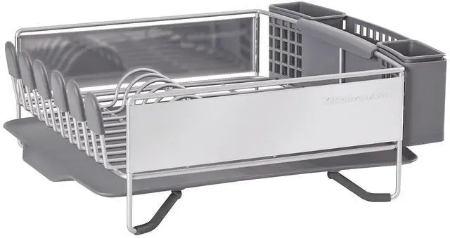 Main image of KitchenAid Compact Space Saving, Dish Rack with Removable Flatware Caddy and Angled Self Draining Drainboard, Satin Gray, 15-Inch-by-13.25-Inch
