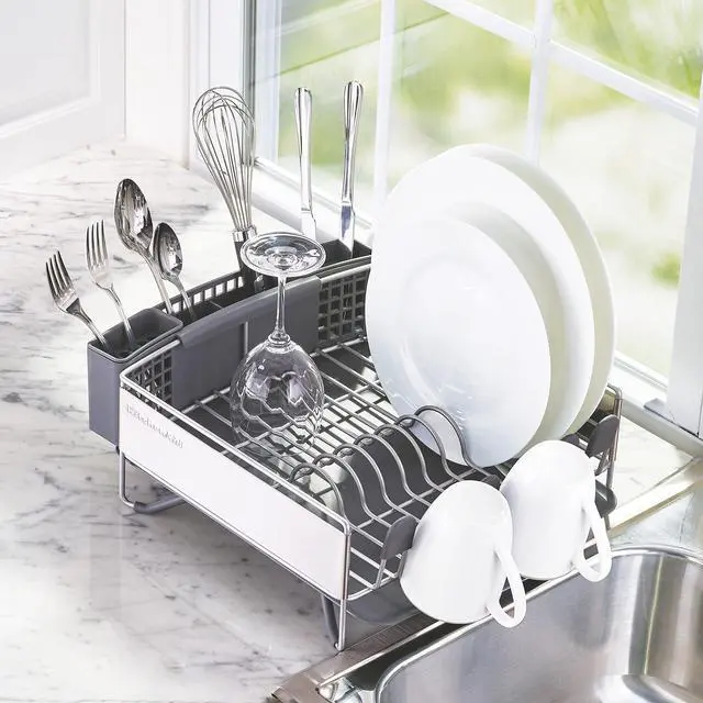 Alt view image 4 of 6 - KitchenAid Compact Space Saving, Dish Rack with Removable Flatware Caddy and Angled Self Draining Drainboard, Satin Gray, 15-Inch-by-13.25-Inch
