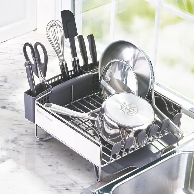 Alt view image 5 of 6 - KitchenAid Compact Space Saving, Dish Rack with Removable Flatware Caddy and Angled Self Draining Drainboard, Satin Gray, 15-Inch-by-13.25-Inch