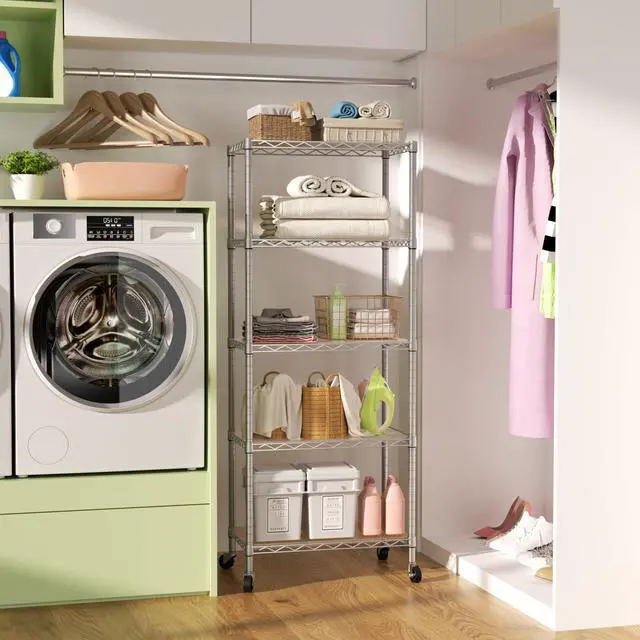 Alt view image 2 of 7 - SINGAYE 5 Shelf Storage Wire Shelves Closet Bathroom Organizers Metal Pantry Kitchen Garage Shelving Unit Laundry Room Organization Home Narrow Rack Net Basket with Wheels Silver