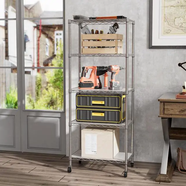 Alt view image 5 of 7 - SINGAYE 5 Shelf Storage Wire Shelves Closet Bathroom Organizers Metal Pantry Kitchen Garage Shelving Unit Laundry Room Organization Home Narrow Rack Net Basket with Wheels Silver