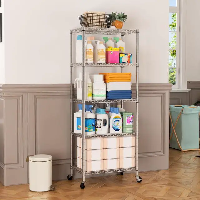 Alt view image 7 of 7 - SINGAYE 5 Shelf Storage Wire Shelves Closet Bathroom Organizers Metal Pantry Kitchen Garage Shelving Unit Laundry Room Organization Home Narrow Rack Net Basket with Wheels Silver
