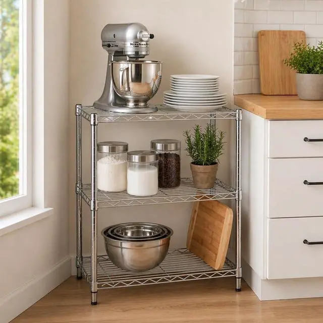 Alt view image 2 of 7 - Honey-Can-Do 3-Tier Heavy Duty Adjustable Shelving Unit, 250-lb Per Shelf Metal Storage Rack, Wire Shelf for Kitchen Garage Pantry Closet, Chrome, 24 x 14 x 30 in