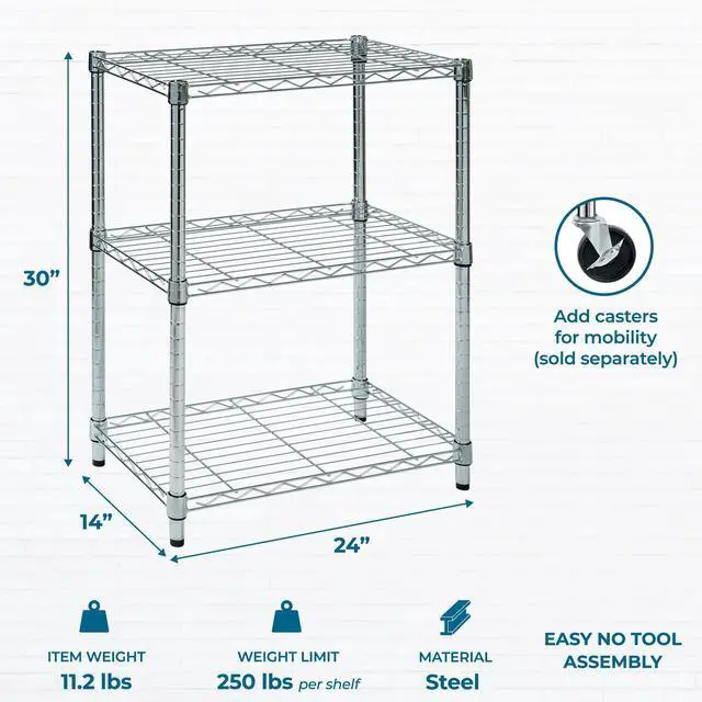Alt view image 7 of 7 - Honey-Can-Do 3-Tier Heavy Duty Adjustable Shelving Unit, 250-lb Per Shelf Metal Storage Rack, Wire Shelf for Kitchen Garage Pantry Closet, Chrome, 24 x 14 x 30 in