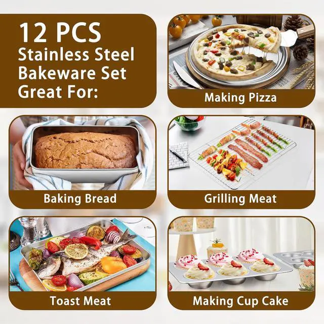 Alt view image 4 of 7 - P&P CHEF Stainless Steel Bakeware Set, 12-Piece Kitchen Baking Pans Set, Baking Sheet with Rack, Square Cake Pan with Lid, Lasagna Pan, Loaf Pan, Muffin Pan, Pizza Tray & 2 Covers, Easily Clean