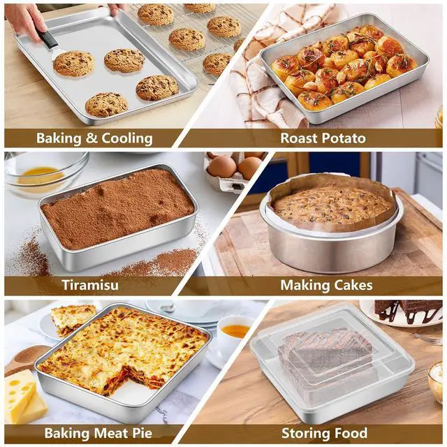 Alt view image 5 of 7 - P&P CHEF Stainless Steel Bakeware Set, 12-Piece Kitchen Baking Pans Set, Baking Sheet with Rack, Square Cake Pan with Lid, Lasagna Pan, Loaf Pan, Muffin Pan, Pizza Tray & 2 Covers, Easily Clean