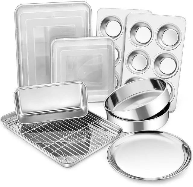 Main image of P&P CHEF Stainless Steel Bakeware Set, 12-Piece Kitchen Baking Pans Set, Baking Sheet with Rack, Square Cake Pan with Lid, Lasagna Pan, Loaf Pan, Muffin Pan, Pizza Tray & 2 Covers, Easily Clean