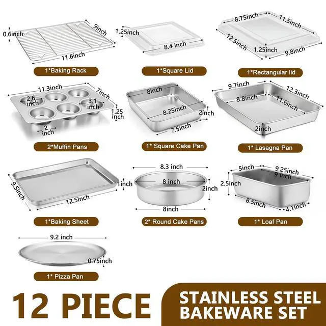 Alt view image 2 of 7 - P&P CHEF Stainless Steel Bakeware Set, 12-Piece Kitchen Baking Pans Set, Baking Sheet with Rack, Square Cake Pan with Lid, Lasagna Pan, Loaf Pan, Muffin Pan, Pizza Tray & 2 Covers, Easily Clean