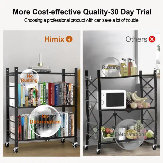 Alt view image 6 of 7 - Himix Storage Shelves with 6 Hooks, 3 Tier Foldable Shelf with Wheels, Metal Storage Shelving Unit Rolling Cart, Utility Shelf Rack Organization Shelves for Pantry, Kitchen, Black - No Assembly