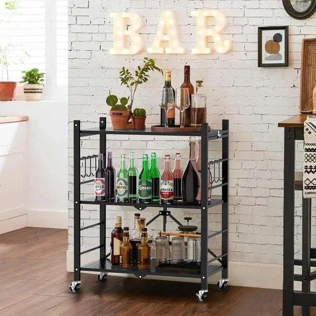 Alt view image 7 of 7 - Himix Storage Shelves with 6 Hooks, 3 Tier Foldable Shelf with Wheels, Metal Storage Shelving Unit Rolling Cart, Utility Shelf Rack Organization Shelves for Pantry, Kitchen, Black - No Assembly