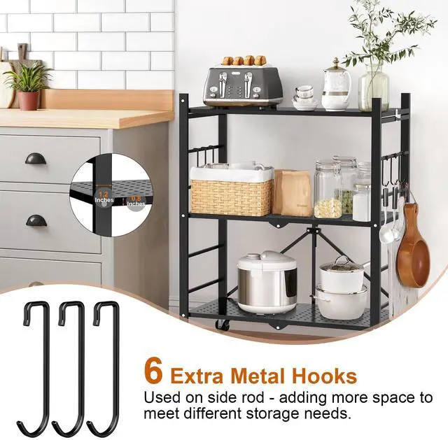 Alt view image 4 of 7 - Himix Storage Shelves with 6 Hooks, 3 Tier Foldable Shelf with Wheels, Metal Storage Shelving Unit Rolling Cart, Utility Shelf Rack Organization Shelves for Pantry, Kitchen, Black - No Assembly