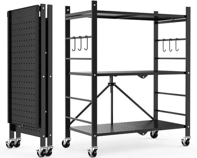 Main image of Himix Storage Shelves with 6 Hooks, 3 Tier Foldable Shelf with Wheels, Metal Storage Shelving Unit Rolling Cart, Utility Shelf Rack Organization Shelves for Pantry, Kitchen, Black - No Assembly