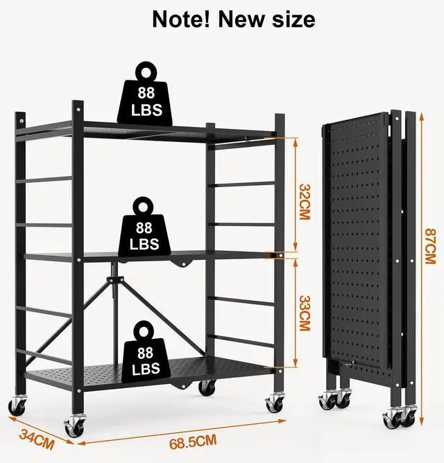 Alt view image 5 of 7 - Himix Storage Shelves with 6 Hooks, 3 Tier Foldable Shelf with Wheels, Metal Storage Shelving Unit Rolling Cart, Utility Shelf Rack Organization Shelves for Pantry, Kitchen, Black - No Assembly