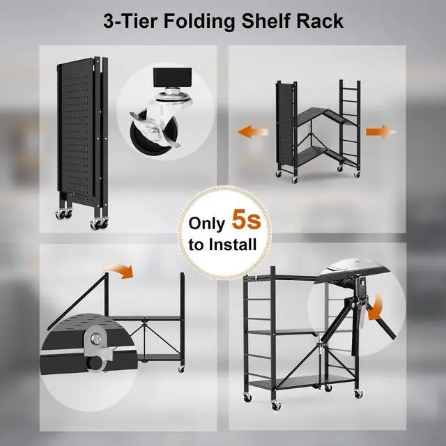 Alt view image 3 of 7 - Himix Storage Shelves with 6 Hooks, 3 Tier Foldable Shelf with Wheels, Metal Storage Shelving Unit Rolling Cart, Utility Shelf Rack Organization Shelves for Pantry, Kitchen, Black - No Assembly