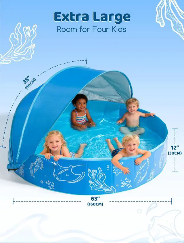 Alt view image 2 of 7 - Hikiddy Foldable Kiddie Pool with Canopy: 31.5in/ 47in /63in for Baby Toddler Kids Family - Summer Water Play Pool with Shade - Portable for Outdoor Backyard Beach (Blue-Blue, 63in)