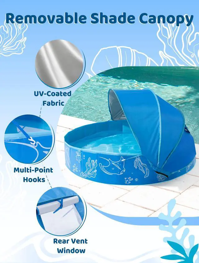 Alt view image 3 of 7 - Hikiddy Foldable Kiddie Pool with Canopy: 31.5in/ 47in /63in for Baby Toddler Kids Family - Summer Water Play Pool with Shade - Portable for Outdoor Backyard Beach (Blue-Blue, 63in)