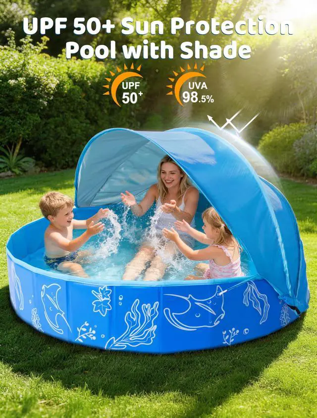 Alt view image 4 of 7 - Hikiddy Foldable Kiddie Pool with Canopy: 31.5in/ 47in /63in for Baby Toddler Kids Family - Summer Water Play Pool with Shade - Portable for Outdoor Backyard Beach (Blue-Blue, 63in)