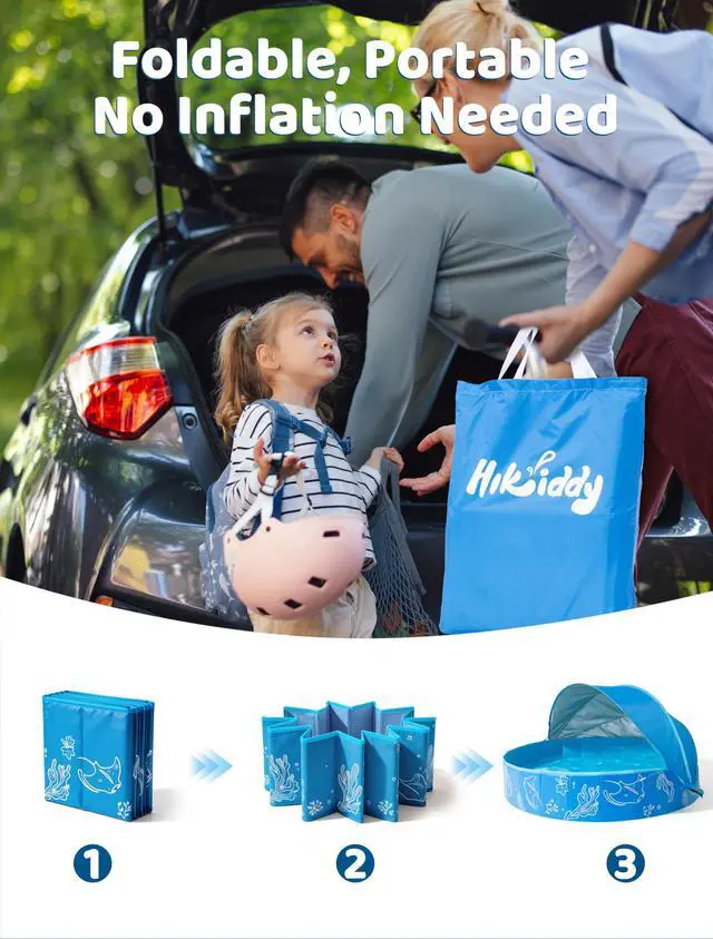Alt view image 6 of 7 - Hikiddy Foldable Kiddie Pool with Canopy: 31.5in/ 47in /63in for Baby Toddler Kids Family - Summer Water Play Pool with Shade - Portable for Outdoor Backyard Beach (Blue-Blue, 63in)