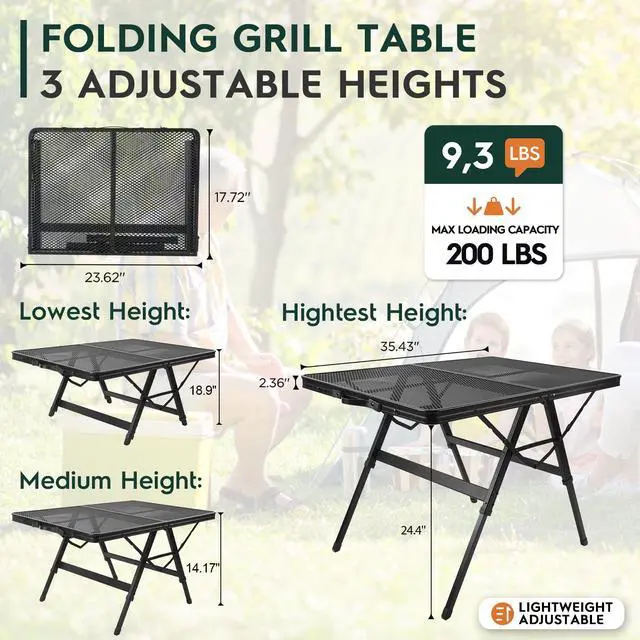 Alt view image 2 of 7 - WildFinder 3 FT Folding Grill Table, Portable Camping Table for Outside, 3 Adjustable Height Folding Table with Desktop, Lightweight Outdoor, Camping, Picnic, BBQ